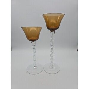 Amber Glass Votive Candle Holders Twisted Stem Hand Blown 9" & 11" Tall